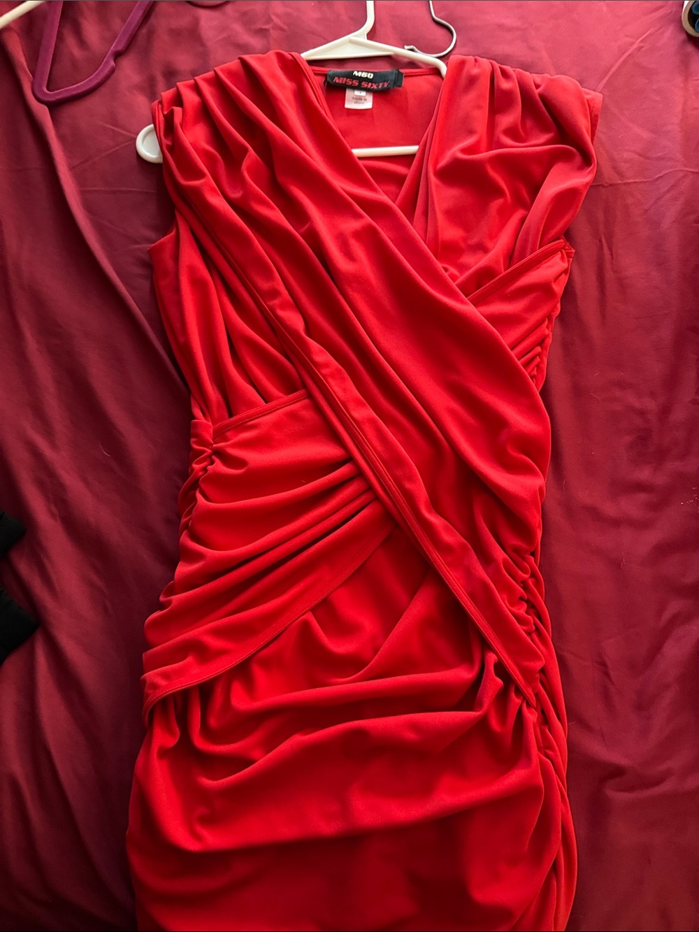Miss Sixty Vibrant Red Ruched Wrap Midi Dress